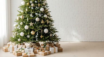 Decorated evergreen tree stands ready with gifts piled beneath in a bright room