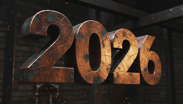 Rusty, textured 3D numerals spelling out the year 2026, set against a dark, industrial background with subtle sparks and atmospheric dust.
