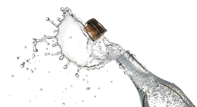 Closeup shot of a champagne bottle being opened, with the cork flying out and liquid splashing around, isolated on transparent background the image captures the excitement and celebration associated w
