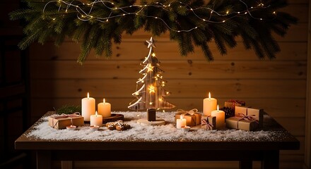 Warm illuminated holiday scene features burning candles and wrapped presents resting on a snowy surface.
