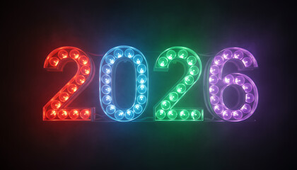 Glowing neon numbers spelling out the year 2026, illuminated with vibrant red, blue, green, and purple lights against a dark background.
