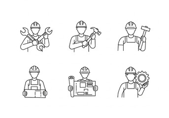 Industrial worker outline icon set, black and white vector symbols of tools and construction