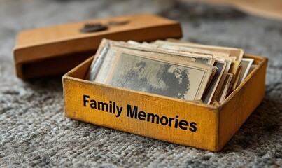 A close-up of a modern box labeled Family Memories, filled with vintage photos, evokes warmth