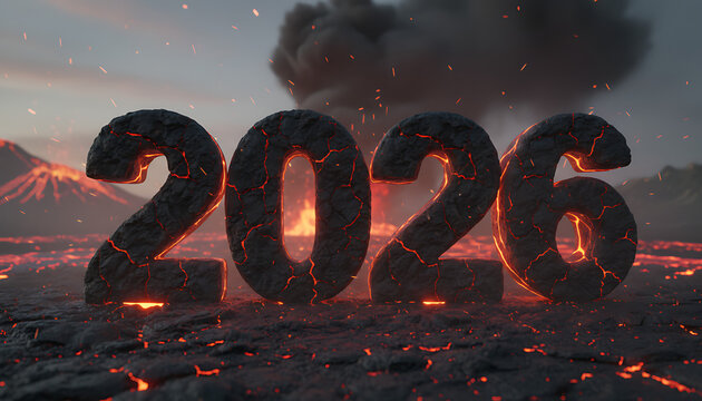 Fiery molten numbers "2026" emerge from a volcanic landscape with erupting lava and ash clouds.