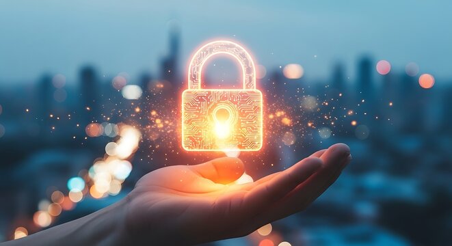 An open human hand presents a radiant padlock over a blurry cityscape view