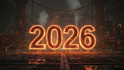 Fiery glowing numbers of the year 2026 illuminate a dark, industrial, and smoky background with sparks flying.