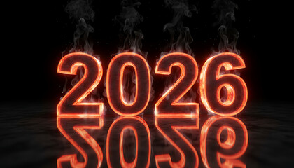 Fiery glowing numerals of the year 2026 reflected on a dark, smoky surface, creating a dramatic and intense visual.
