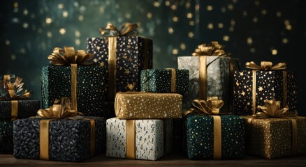 Luxury Christmas or holiday presents stacked high wrapped in black, gold, silver, and teal paper with sparkling bokeh background
