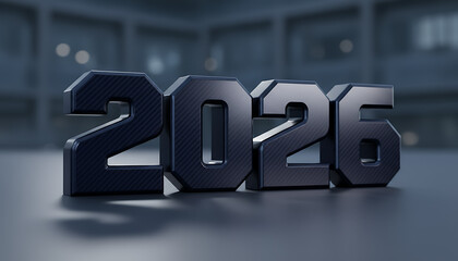 Bold, metallic 3D numerals spelling out the year 2026, set against a softly blurred, modern architectural background with subtle lighting.