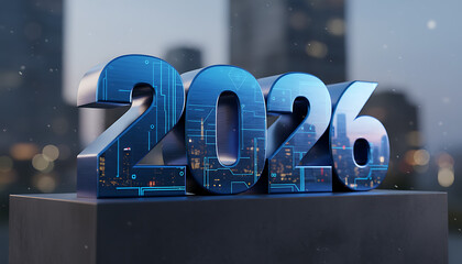 Futuristic 3D metallic numbers "2026" with intricate circuitry patterns, set against a blurred urban cityscape background with subtle bokeh lights.