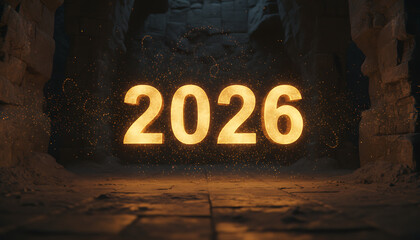 Glowing golden numerals of the year 2026 emanate light within a dark, ancient stone cavern, suggesting an upcoming event or discovery.