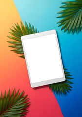 Tablet Mockup on Colorful Background with Palm Leaves