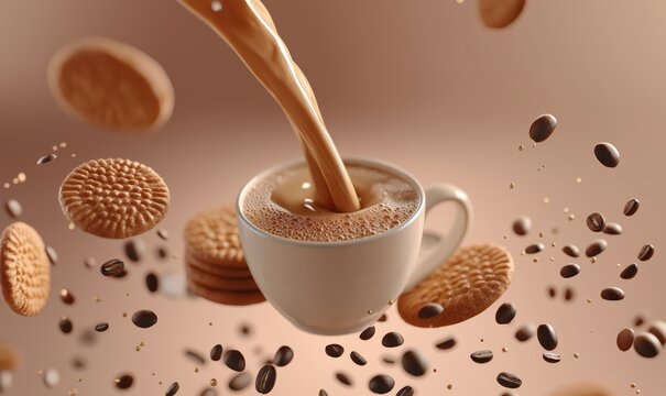 Liquid from a coffee cup flows upward while cookies float around in a whimsical and enjoyable scene