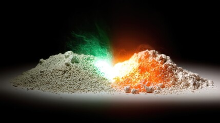 Two contrasting powders create a vibrant display of energy, showcasing interaction and potential change