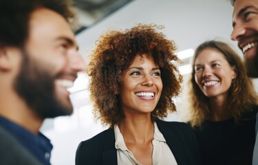 Executives engaging in vibrant discussion showcasing collaboration and positivity at corporate meeting space
