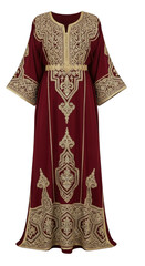 Maroon caftan with gold embroidery, traditional moroccan dress isolated on transparent background