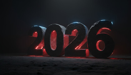 Futuristic 3D rendering of the year 2026 illuminated with glowing red and blue light against a dark, textured background.