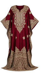 Elegant maroon kaftan with golden embroidery, traditional arabic dress isolated on transparent background