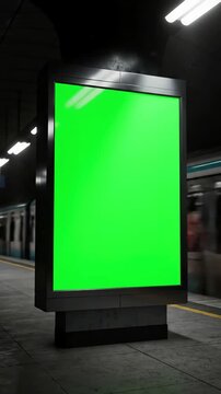 Green Screen empty billboard with a for advertising on subway station 4k 3d animation scene 2 distortion, overlay, glitch, static noise, scan lines black background, animated video loop