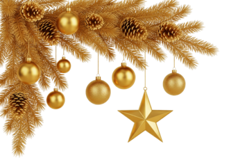 Golden Christmas Tree Branch with Baubles, Pine Cones, and Star

