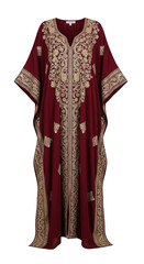 Maroon kaftan with golden embroidery, full shot, isolated on transparent background