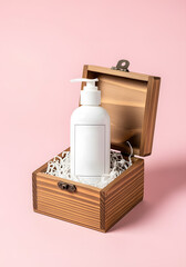 White Hand Cream Bottle in Wooden Box on Pink Background