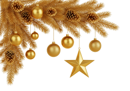 Golden Christmas Tree Branch with Baubles, Pine Cones, and Star
