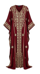 Elegant maroon kaftan with golden embroidery, v neck, long sleeves isolated on transparent background