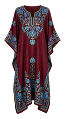 Elegant maroon kaftan with floral embroidery design isolated on transparent background