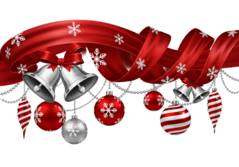 Christmas Red Ribbon Swirl Border with Silver Bells and Baubles

