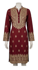 Maroon kurta with golden embroidery on a mannequin, isolated on transparent background