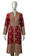 Maroon long shirt with golden embroidery on mannequin isolated on transparent background