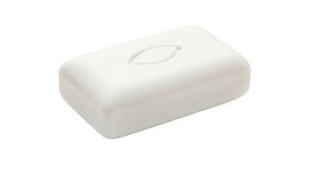 Rectangular bar of white soap with an oval imprint isolated on transparent background