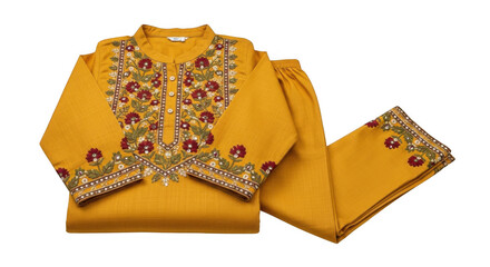 Yellow embroidered salwar kameez suit, traditional indian clothing isolated on transparent background
