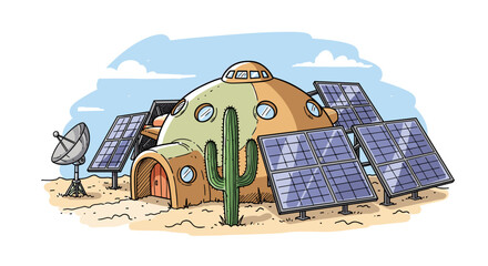 Vector  illustration of a dome shaped house with solar panels and a satellite dish in a desert scene