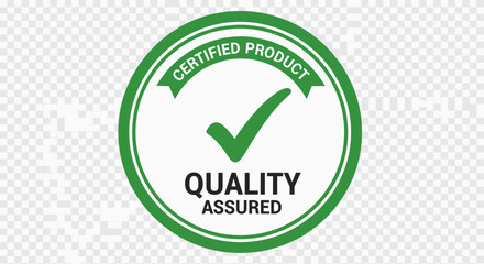 Vector  oval shaped label with green border states certified product and quality assured with checkmark