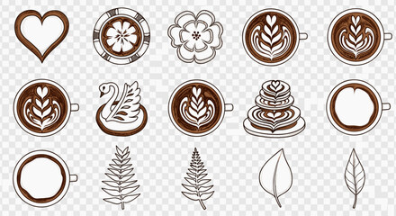 Vector  illustration showcasing various latte art designs including hearts flowers and swan shapes in coffee cups