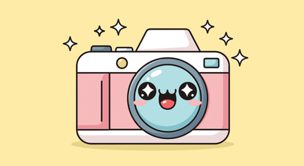 Vector  illustration of a pink and cream kawaii camera with a happy face and sparkling stars around it