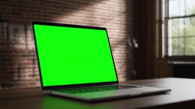 Green Screen laptop is opening loft office interior with brick wall and swaying trees on the wind last 200 frames are looped scene 2 distortion, overlay, glitch, static noise, scan lines black