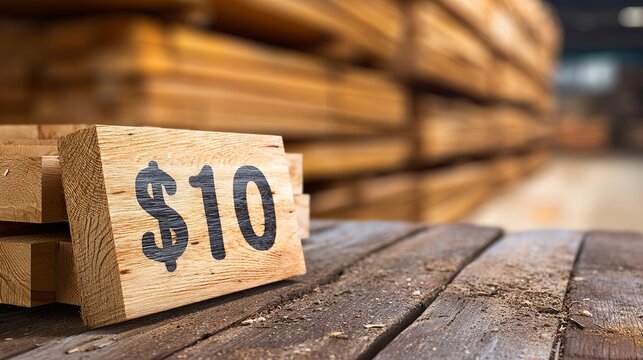A wooden sign displaying $10 lies on a workbench, surrounded by stacks of lumber in a well-lit workshop.