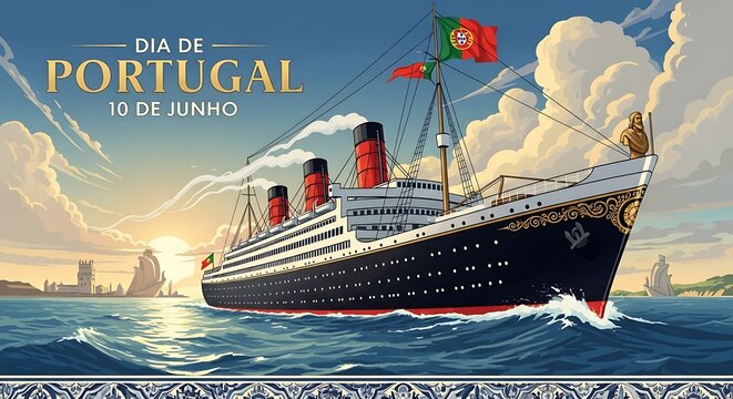 Vintage Ocean Liner Sailing Under a Dramatic Sky Celebrating Portugal Day.