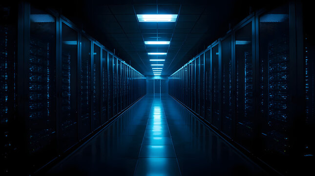 Illuminated server room corridor with rows of racks and blue lights