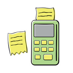 Color simple illustration of cash register with a receipt. Doodle flat style. Conduct withdrawal from account convenient portable terminal quick online money settlement transactions deposits