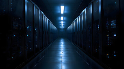 Fototapeta premium Illuminated server room corridor with rows of racks and blue lights