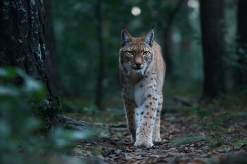 Obraz premium Wild Eurasian lynx with piercing yellow eyes walking directly towards the viewer in a dark forest