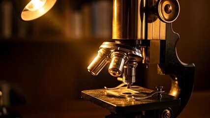A vintage brass microscope stands illuminated in a dimly lit laboratory setting.