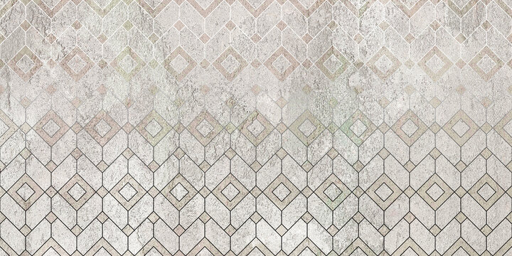 Grunge concrete wall with ornaments and prints. Colorful ceramic wall tiles decoration. Abstract damask patchwork background