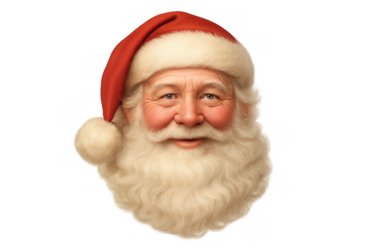 Santa claus head portrait appearing cheerful, a symbol of winter holidays, generosity, and joy, transparent background