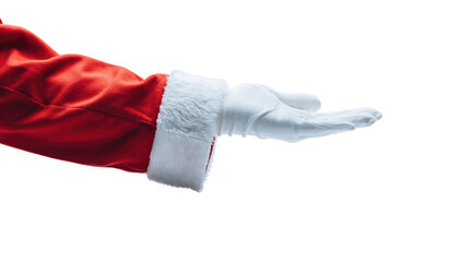 Santa claus arm in red coat and white glove extending hand on a black background in studio shot