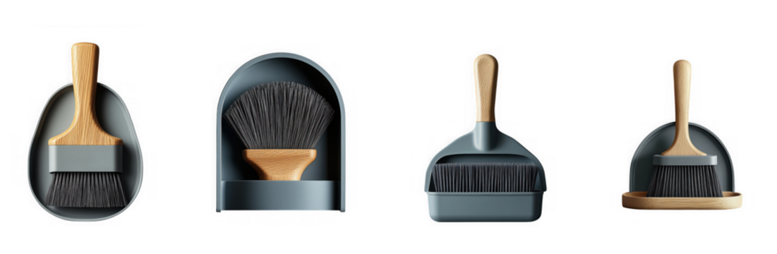 Four dustpans and brushes with charcoal bristles, isolated on transparent background